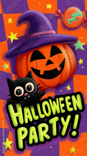 Colorful Halloween party invitation with black cat and pumpkin.