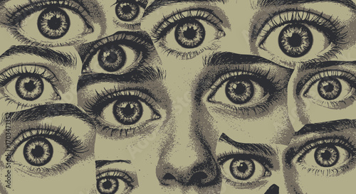 Intriguing collage of human eyes creating a surreal and captivating image