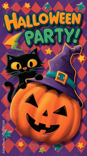 Cute Halloween party invitation with black cat and pumpkin.