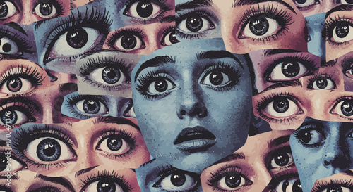 Intriguing mosaic of human eyes with a central figure showing a worried expression