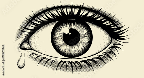 Monochromatic engraved human eye with teardrop for emotional art concept
