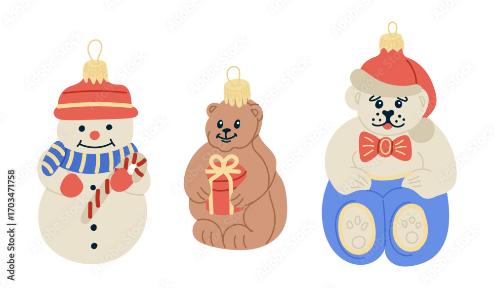 Fototapeta premium Cute vintage Christmas ornaments shaped like a snowman, teddy bear, and polar bear in winter attire. This vector represents holiday nostalgia, festive decorations, and classic toy charm
