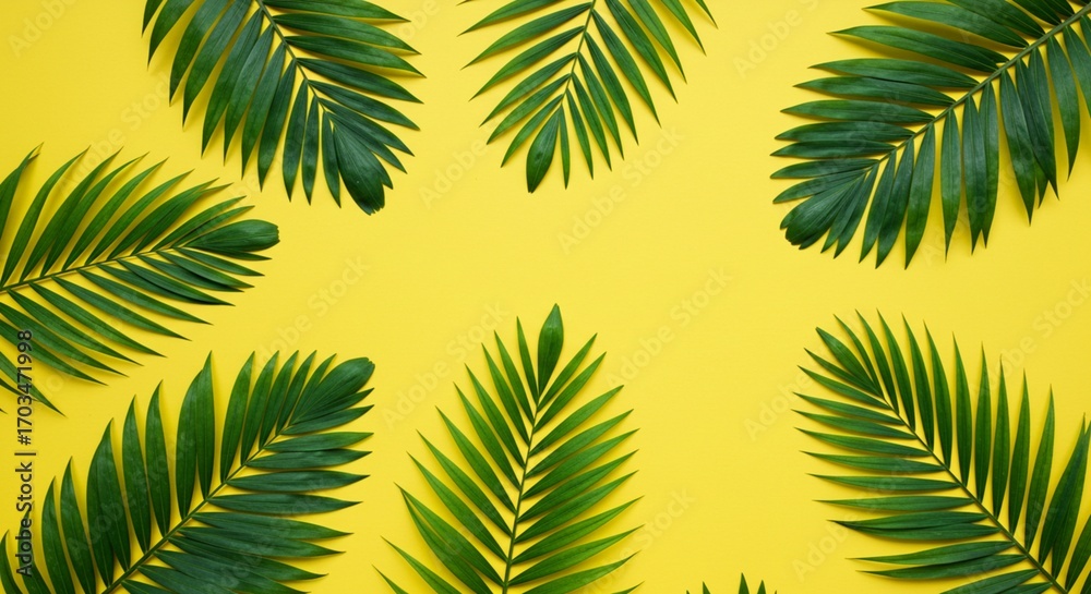 Fototapeta premium Tropical palm leaves pattern on a vibrant yellow background, with copy space for text.