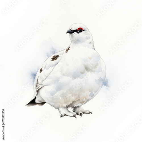 Watercolor Ptarmigan Illustration Detailed White Bird with Black Tail on Isolated Plain Background
