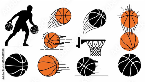 Basketball and Basketball Player Vector Silhouette Illustration Set AI EPS PNG