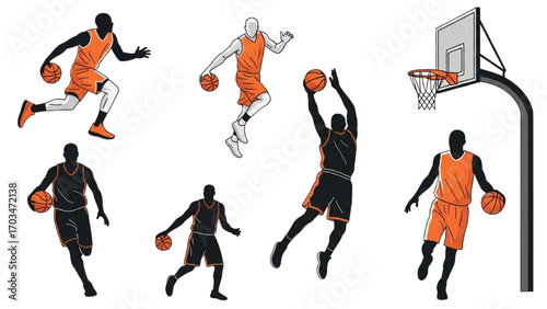 Basketball and Basketball Player Vector Silhouette Illustration Set AI EPS PNG