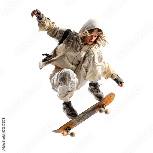 A woman is doing a trick on a skateboard