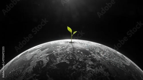 A solitary green sprout emerges from a barren, textured planet under a dramatic light