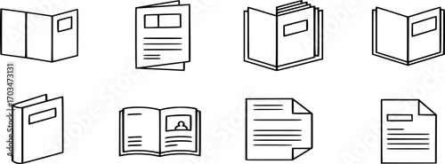 Brochure line icon set. Flyer leaflet, catalog, booklet, magazine, and letterhead icons vector illustration