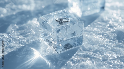 A sparkling diamond ring nestled in a clear ice cube, surrounded by glistening ice shards