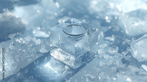 A sparkling diamond ring resting on a clear ice cube surrounded by crushed ice, glistening in soft light