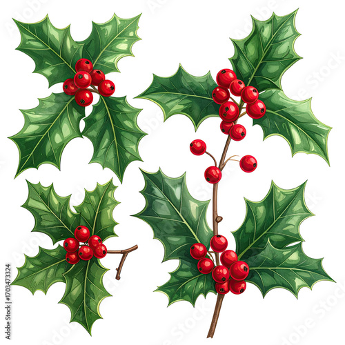 Detailed illustration of holly leaves and berries