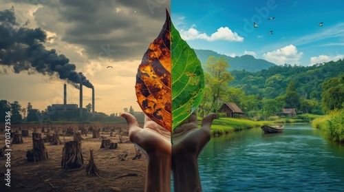 A split image showcasing environmental contrast pollution on one side and lush nature on the other