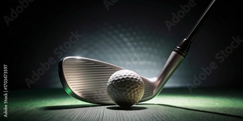 A perfectly poised golf club rests near a pristine ball on a putting green, ready for the next swing, a moment of anticipation before the game begins