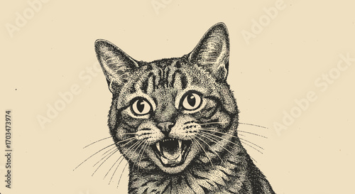 Detailed black and white illustration of an expressive tabby cat portrait