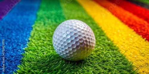 A pristine golf ball rests gently on vibrant green artificial turf, set against a backdrop of colorful striped synthetic grass, creating a playful and energetic scene.