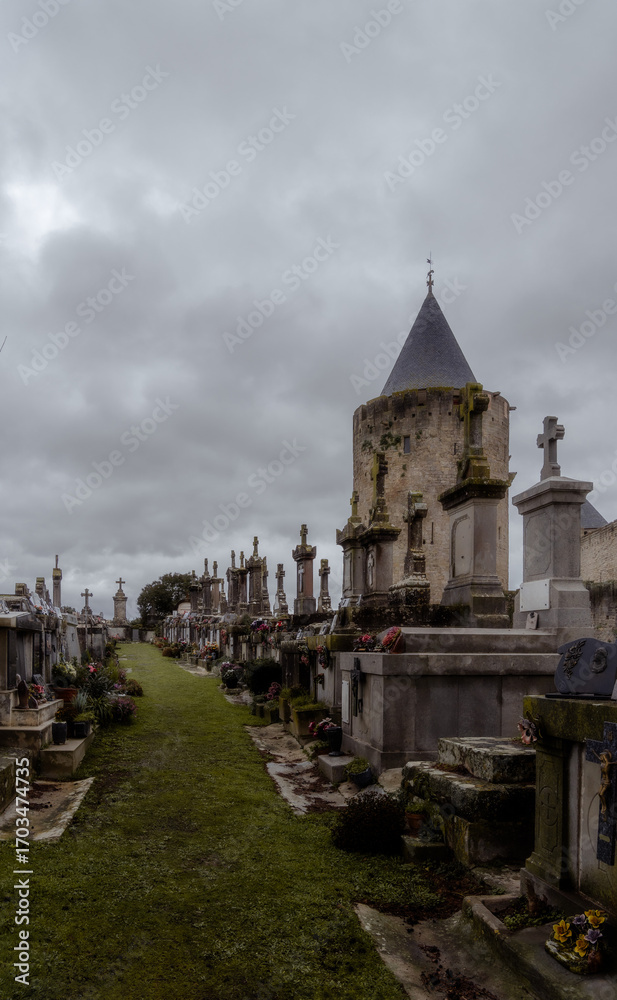 Obraz premium Cloudy day in a historic medieval French cemetery with tombs and stone crosses with a tower of the Carcassonne fortress in the background.