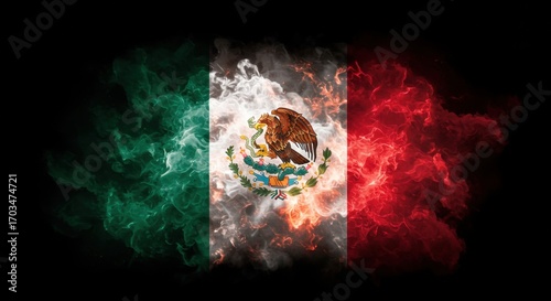 Stylized mexican flag with a central coat of arms, featuring an eagle devouring a snake, set against a backdrop of green, white, and red smoke on a black background.