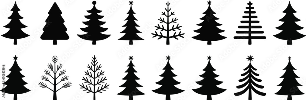 Fototapeta premium Christmas Tree Silhouette Icons – Vector Illustration of Pine Trees, Festive Winter Symbols, Minimalist Evergreen Design for Greeting Cards, Posters, Logos, Web, Branding, and Digital Creative Project