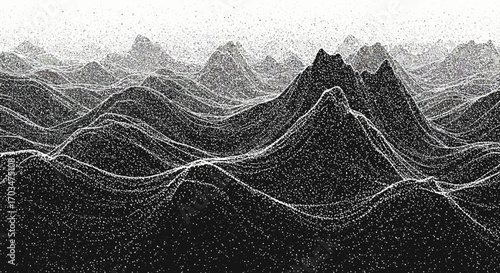 Abstract mountain range created with points in black and white color scheme