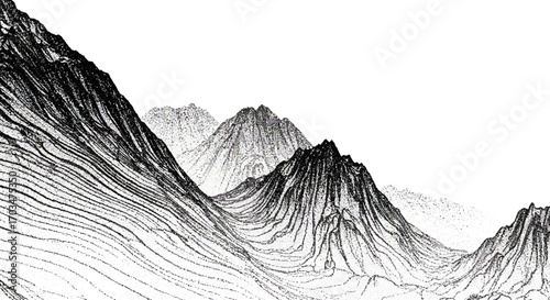 Monochrome mountain range illustration, detailed linear design on white backdrop