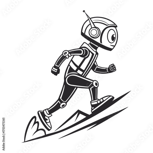 Monochrome line art illustration of a cheerful robot mascot running up an incline with speed lines. Great for technology, AI, futurism, speed, or gaming blogs and sites.