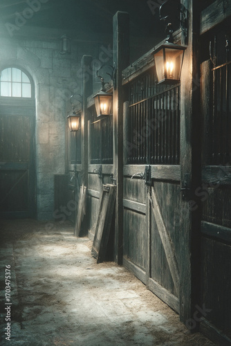 Modern clean and tidy stable with horse stalls illuminated by soft lighting