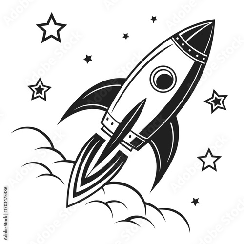 A stylized black and white icon of a rocket launching into space, perfect for websites or blogs about technology, startups, or innovation. The icon has a retro, vintage style.

