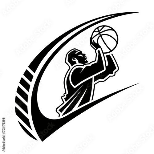 Monochrome Graphic Icon of a basketball player shooting a jump shot within a dynamic swoosh element, great for sports blogs, team logos, tournament posters, or fitness website headers.

