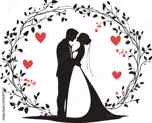 Romantic silhouette of a newlywed couple kissing inside a floral wedding wreath