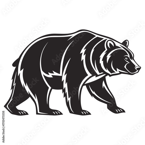 A black silhouette vector logo of a grizzly bear or brown bear in a walking or charging stance with an open mouth. Great for brand identity, sports teams, or blogs about wilderness and finance.


