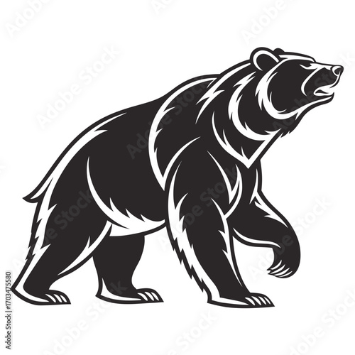 A black silhouette vector logo of a grizzly bear or brown bear in a walking or charging stance with an open mouth. Great for brand identity, sports teams, or blogs about wilderness and finance.

