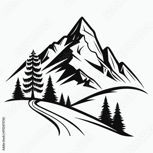 A vector icon of a mountain landscape with a road and pine trees, perfect for websites or blogs related to hiking, travel, or adventure. The image can also be used as a brand logo or sticker.

