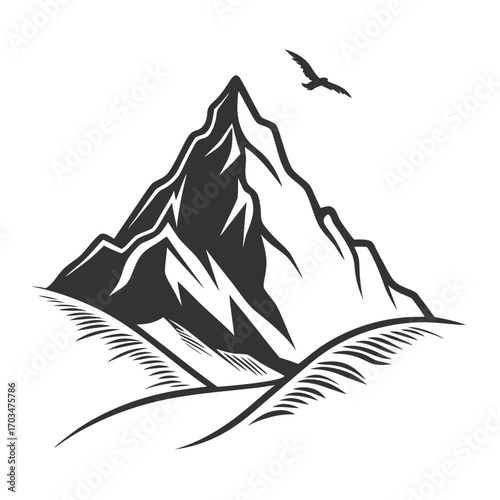 A striking line art icon of a mountain peak with an eagle flying above, ideal for websites or blogs about hiking, adventure, or nature. The image has a detailed, graphic style.

