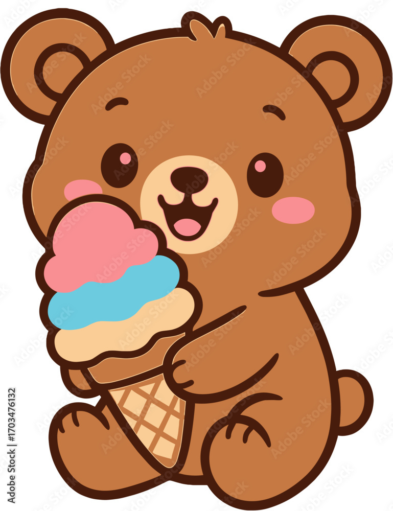 Obraz premium Cute Bear Cartoon Holding Rainbow Ice Cream - Adorable Animal Clipart