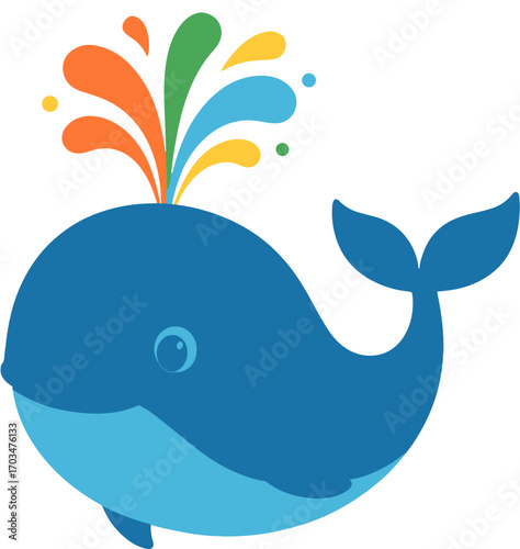 Cute Blue Whale Cartoon - Rainbow Water Splash Clipart