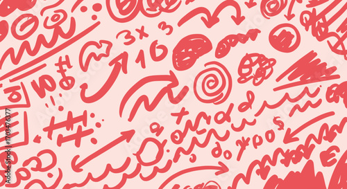 Playful Hand-Drawn Doodle Pattern with Arrows and Symbols on Light Background