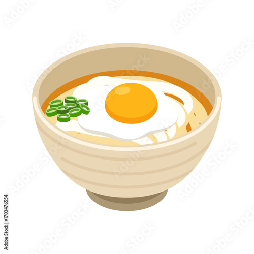 Tsukimi udon in ochre bowl - flat vector illustration, Japanese food icon