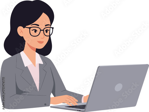 Confident businesswoman working on laptop, professional woman in office attire, focused female employee typing on computer, isolated vector illustration.