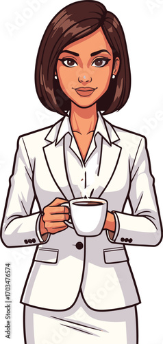 Confident businesswoman in white suit holding coffee cup, professional female executive taking coffee break, corporate lifestyle and office concept.