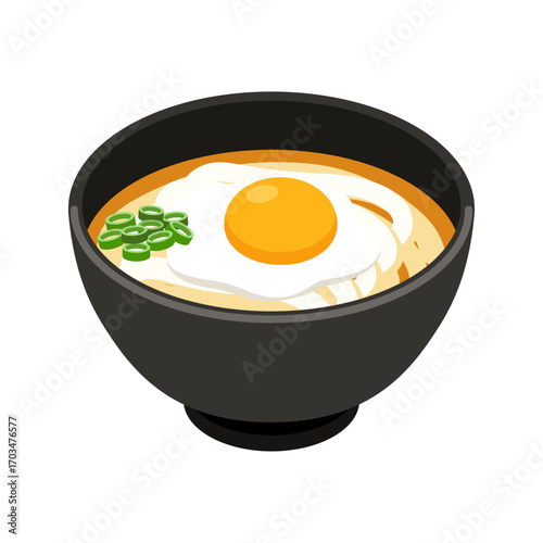 Tsukimi udon in black bowl - flat vector illustration, Japanese food icon
