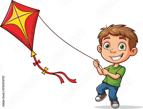 Happy smiling boy flying red kite outdoors, cartoon child enjoying outdoor activity, playful kid having fun in summer wind.