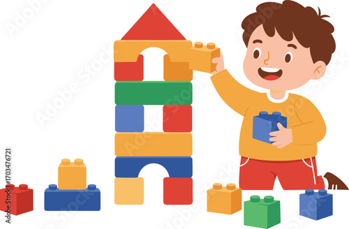 Happy young boy building colorful blocks tower, playing at home, creative child activity, early learning, indoor fun, educational toy time.