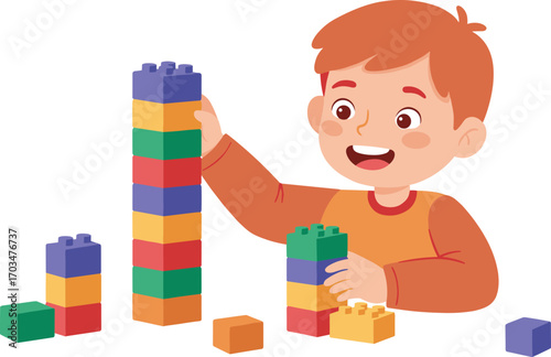 Happy young boy playing with colorful toy blocks, building tall towers, creative child activity, indoor playtime, early learning fun.