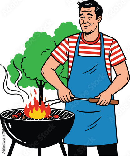 Smiling man grilling barbecue outdoors, cartoon chef cooking on charcoal grill, summer BBQ party in backyard, fun family gathering.