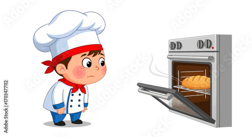 Cartoon chef with a worried expression looking at a burnt loaf of bread in the oven
