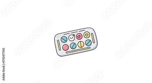 Cartoon illustration of colorful pills blister pack with cute emotive faces inside medicine capsules