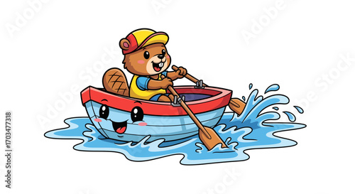 Delightful beaver rowing boat with animated vessel against plain background illustration