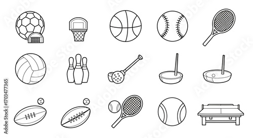 Diverse outline drawings showcasing an assortment of different sports equipment variety and play