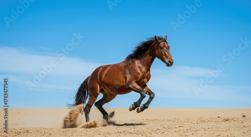 Wallpaper Mural Majestic brown horse galloping freely through golden sand dunes under a clear blue sky, embodying power and untamed spirit. Torontodigital.ca